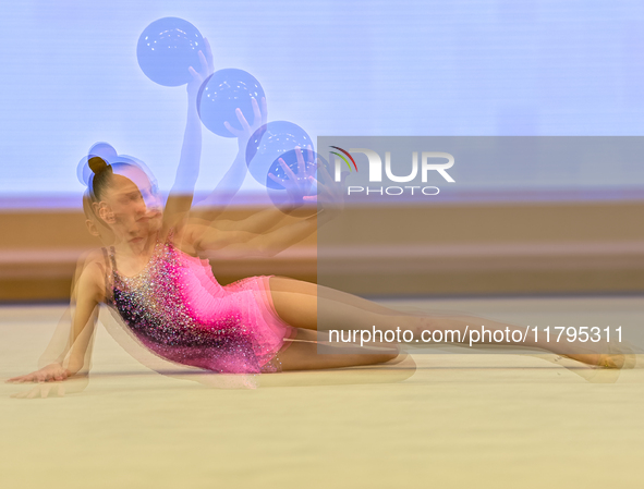 Emiliia Pishchulina of Slovakia performs the Ball exercise during the juniors apparatus finals of the International Rhythmic Gymnastics Tour...