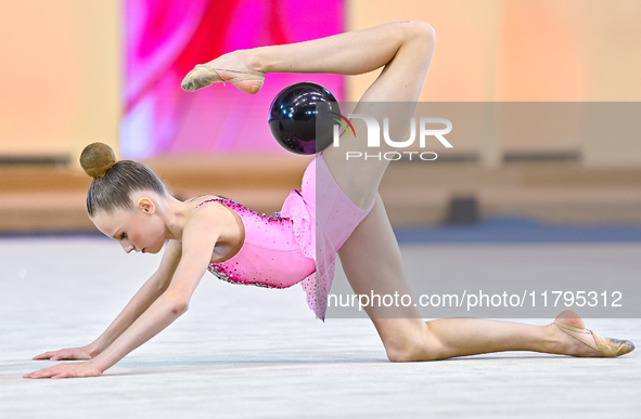 Emiliia Pishchulina of Slovakia performs the Ball exercise during the juniors apparatus finals of the International Rhythmic Gymnastics Tour...