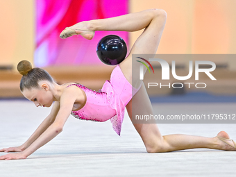 Emiliia Pishchulina of Slovakia performs the Ball exercise during the juniors apparatus finals of the International Rhythmic Gymnastics Tour...