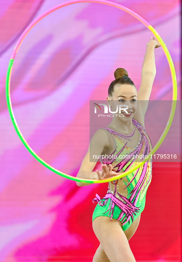 Dusica Zujko of Serbia performs the Hoop exercise during the juniors apparatus finals of the International Rhythmic Gymnastics Tournament 'S...