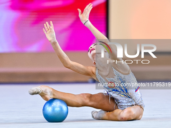 Karolina Pakhtusova of Russia performs the Ball exercise during the juniors apparatus finals of the International Rhythmic Gymnastics Tourna...