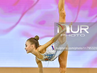 Karolina Pakhtusova of Russia performs the Ball exercise during the juniors apparatus finals of the International Rhythmic Gymnastics Tourna...