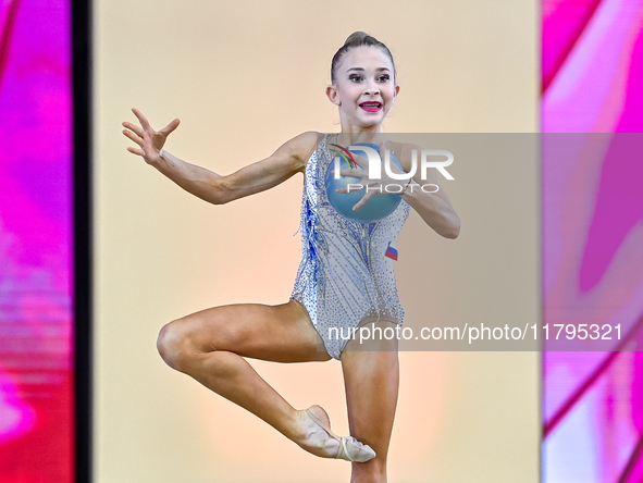 Karolina Pakhtusova of Russia performs the Ball exercise during the juniors apparatus finals of the International Rhythmic Gymnastics Tourna...