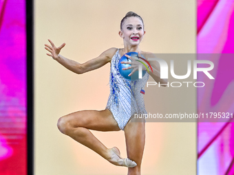 Karolina Pakhtusova of Russia performs the Ball exercise during the juniors apparatus finals of the International Rhythmic Gymnastics Tourna...