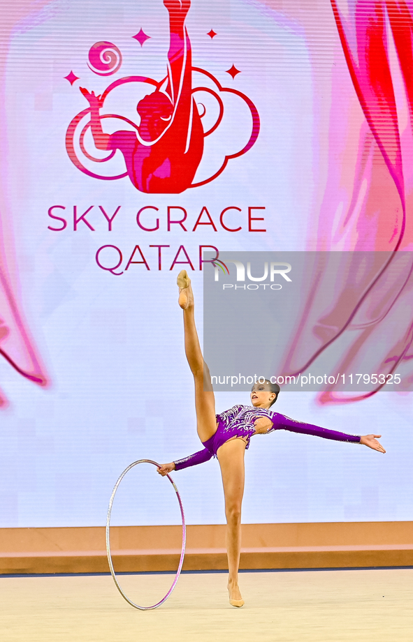 Marharyta Raksa of Belarus performs the Hoop exercise during the juniors apparatus finals of the International Rhythmic Gymnastics Tournamen...