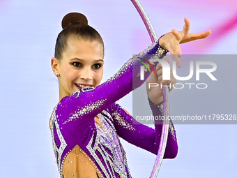 Marharyta Raksa of Belarus performs the Hoop exercise during the juniors apparatus finals of the International Rhythmic Gymnastics Tournamen...