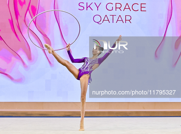 Marharyta Raksa of Belarus performs the Hoop exercise during the juniors apparatus finals of the International Rhythmic Gymnastics Tournamen...