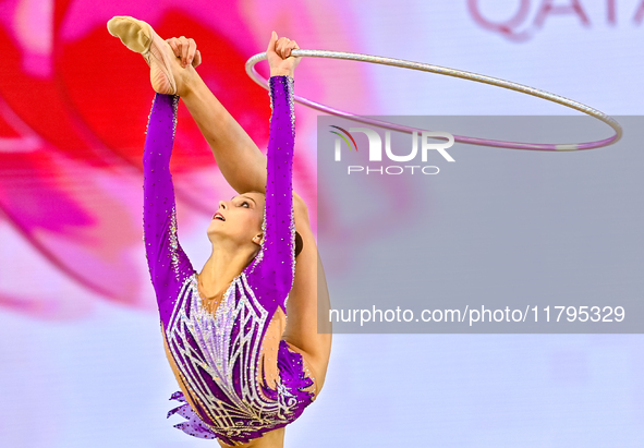 Marharyta Raksa of Belarus performs the Hoop exercise during the juniors apparatus finals of the International Rhythmic Gymnastics Tournamen...