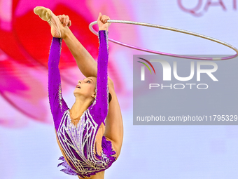 Marharyta Raksa of Belarus performs the Hoop exercise during the juniors apparatus finals of the International Rhythmic Gymnastics Tournamen...