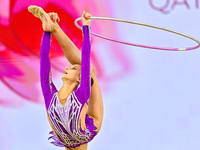 Marharyta Raksa of Belarus performs the Hoop exercise during the juniors apparatus finals of the International Rhythmic Gymnastics Tournamen...