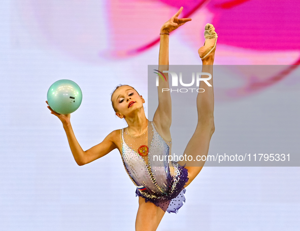 Ana Zaikina of Russia performs the Ball exercise during the juniors apparatus finals of the International Rhythmic Gymnastics Tournament ''S...