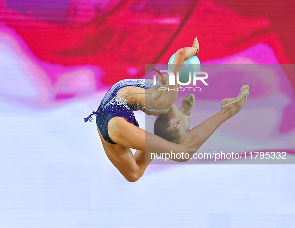 Ana Zaikina of Russia performs the Ball exercise during the juniors apparatus finals of the International Rhythmic Gymnastics Tournament ''S...