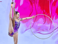 Vikjoria Seferian of Armenia performs the Hoop exercise during the juniors apparatus finals of the International Rhythmic Gymnastics Tournam...