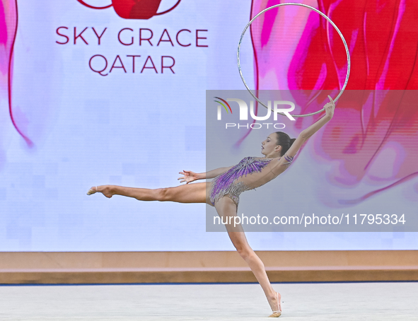 Vikjoria Seferian of Armenia performs the Hoop exercise during the juniors apparatus finals of the International Rhythmic Gymnastics Tournam...