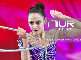 Vikjoria Seferian of Armenia performs the Hoop exercise during the juniors apparatus finals of the International Rhythmic Gymnastics Tournam...