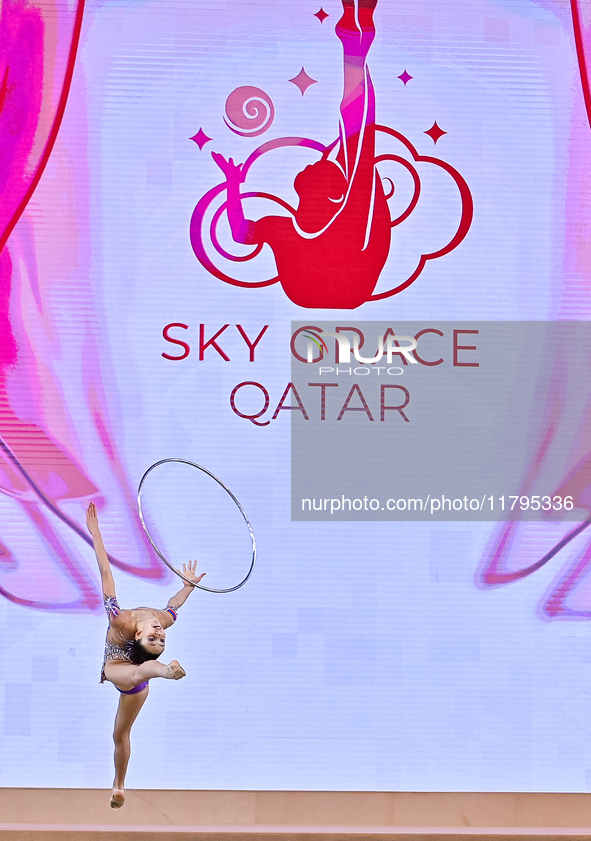 Vikjoria Seferian of Armenia performs the Hoop exercise during the juniors apparatus finals of the International Rhythmic Gymnastics Tournam...