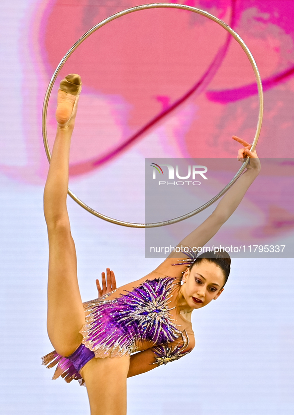 Vikjoria Seferian of Armenia performs the Hoop exercise during the juniors apparatus finals of the International Rhythmic Gymnastics Tournam...