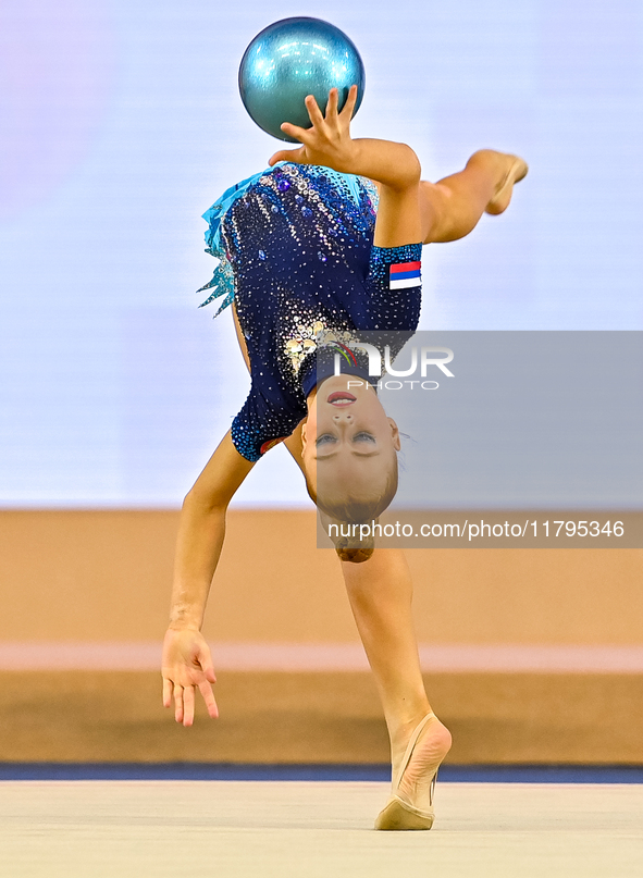 Olga Chernykh of Russia performs the Ball exercise during the juniors apparatus finals of the International Rhythmic Gymnastics Tournament '...