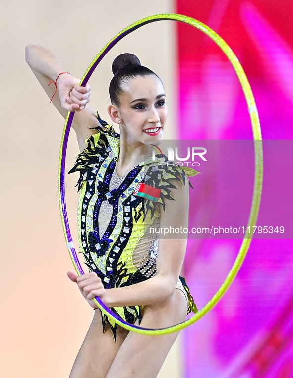 Nika Kostsina of Belarus performs the Hoop exercise during the juniors apparatus finals of the International Rhythmic Gymnastics Tournament...