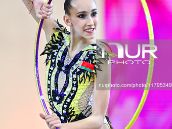 Nika Kostsina of Belarus performs the Hoop exercise during the juniors apparatus finals of the International Rhythmic Gymnastics Tournament...