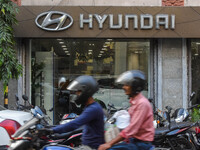 A Hyundai car showroom is seen in Kolkata, India, on October 20, 2024. Hyundai Motor India's $3.3 billion IPO, the first by a carmaker in In...