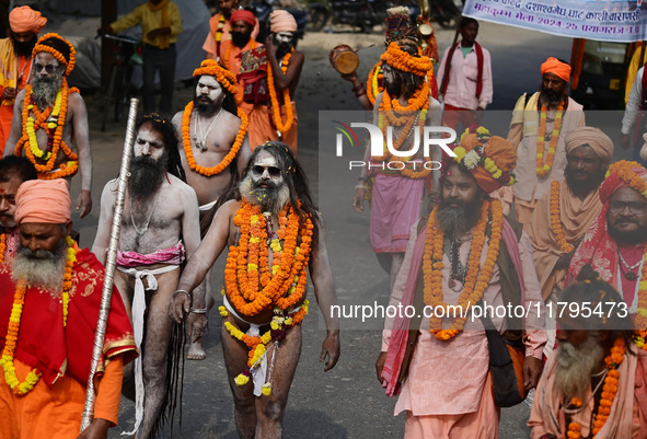 Indian Sadhus (holy men) of Shri Panch Dashnam Juna Akhara participate in a religious procession during the grand Nagar Pravesh ceremony for...