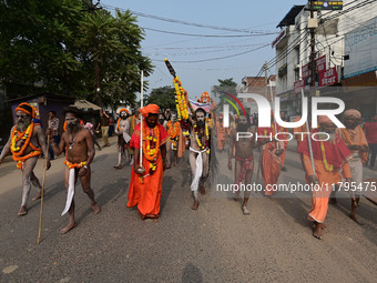 Indian Sadhus (holy men) of Shri Panch Dashnam Juna Akhara participate in a religious procession during the grand Nagar Pravesh ceremony for...