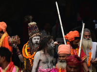 Indian Sadhus (holy men) of Shri Panch Dashnam Juna Akhara participate in a religious procession during the grand Nagar Pravesh ceremony for...