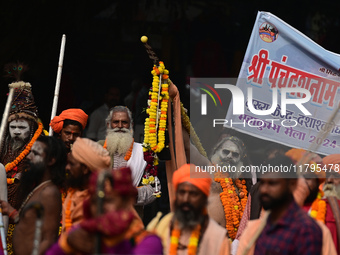 Indian Sadhus (holy men) of Shri Panch Dashnam Juna Akhara participate in a religious procession during the grand Nagar Pravesh ceremony for...