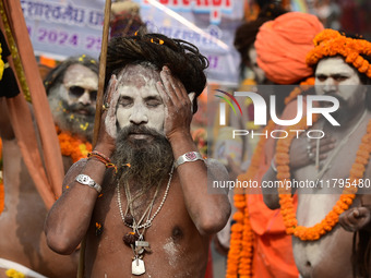 Indian Sadhus (holy men) of Shri Panch Dashnam Juna Akhara participate in a religious procession during the grand Nagar Pravesh ceremony for...