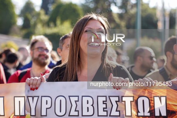 The President of the Course of Freedom party, Ms. Zoe Konstantopoulou, participates in the nationwide general strike in Athens, Greece, on N...