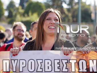 The President of the Course of Freedom party, Ms. Zoe Konstantopoulou, participates in the nationwide general strike in Athens, Greece, on N...