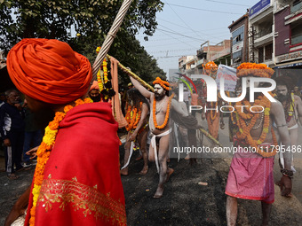 Indian Sadhus (holy men) of Shri Panch Dashnam Juna Akhara participate in a religious procession during the grand Nagar Pravesh ceremony for...