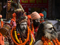 Indian Sadhus (holy men) of Shri Panch Dashnam Juna Akhara participate in a religious procession during the grand Nagar Pravesh ceremony for...