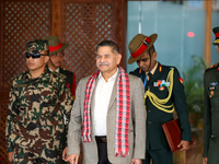 General Upendra Dwivedi (Center), Chief of the Army Staff, Indian Army, walks out of the VIP terminal of Tribhuvan International Airport in...