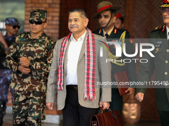 General Upendra Dwivedi (Center), Chief of the Army Staff, Indian Army, walks out of the VIP terminal of Tribhuvan International Airport in...