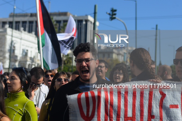 People demonstrate in the streets of Athens, Greece, on November 20, 2024, during a 24-hour nationwide strike called by unions against the r...