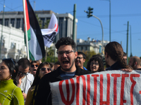 People demonstrate in the streets of Athens, Greece, on November 20, 2024, during a 24-hour nationwide strike called by unions against the r...