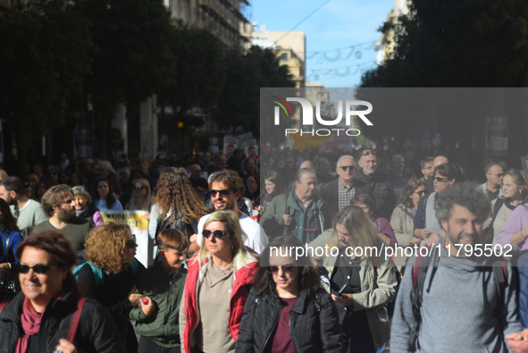 People demonstrate in the streets of Athens, Greece, on November 20, 2024, during a 24-hour nationwide strike called by unions against the r...