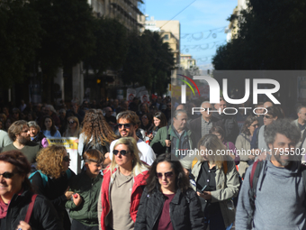 People demonstrate in the streets of Athens, Greece, on November 20, 2024, during a 24-hour nationwide strike called by unions against the r...