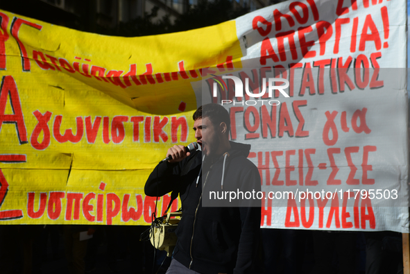 People demonstrate in the streets of Athens, Greece, on November 20, 2024, during a 24-hour nationwide strike called by unions against the r...