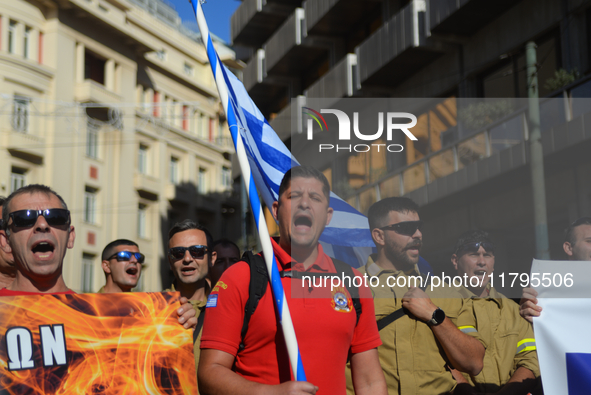 Firefighters demonstrate in the streets of Athens, Greece, on November 20, 2024, during a 24-hour nationwide strike organized by GSEE and AD...