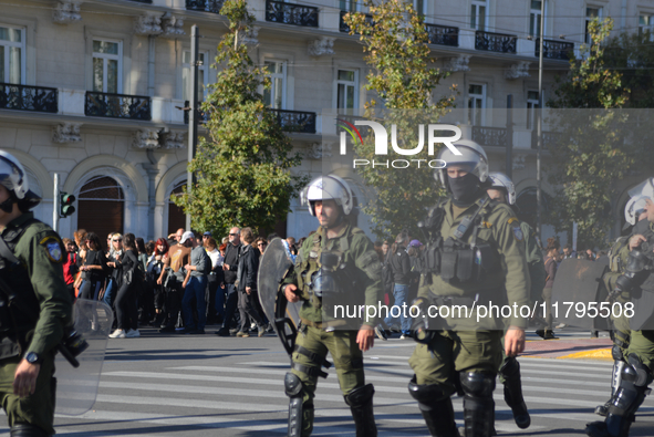 People demonstrate in the streets of Athens, Greece, on November 20, 2024, during a 24-hour nationwide strike called by unions against the r...