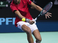 MALAGA, SPAIN - NOVEMBER 20: Gabriel Diallo of Team Canada in his singles match against Daniel Altmaier of Team Germany during the Quarter-F...