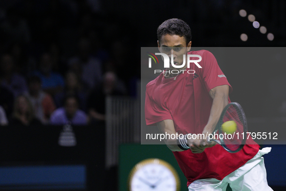 MALAGA, SPAIN - NOVEMBER 20: Gabriel Diallo of Team Canada in his singles match against Daniel Altmaier of Team Germany during the Quarter-F...