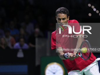 MALAGA, SPAIN - NOVEMBER 20: Gabriel Diallo of Team Canada in his singles match against Daniel Altmaier of Team Germany during the Quarter-F...