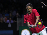 MALAGA, SPAIN - NOVEMBER 20: Gabriel Diallo of Team Canada in his singles match against Daniel Altmaier of Team Germany during the Quarter-F...