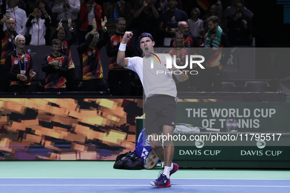 MALAGA, SPAIN - NOVEMBER 20: Daniel Altmaier of Team Germany celebrates the victory after his singles match against Gabriel Diallo of Team C...