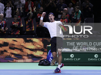 MALAGA, SPAIN - NOVEMBER 20: Daniel Altmaier of Team Germany celebrates the victory after his singles match against Gabriel Diallo of Team C...