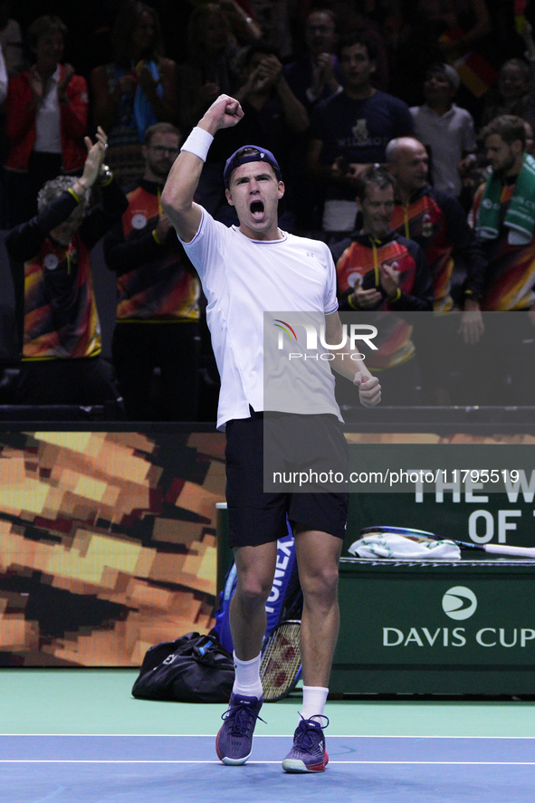 MALAGA, SPAIN - NOVEMBER 20: Daniel Altmaier of Team Germany celebrates the victory after his singles match against Gabriel Diallo of Team C...